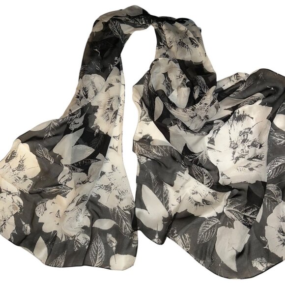 anne klein 100% SILK black white classic handkerchief floral flowers scarf 18x71 - Picture 1 of 4